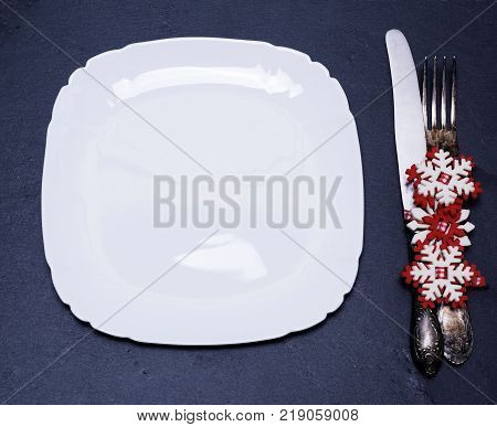 square white empty plate iron fok and knife