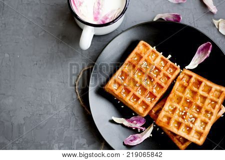 Traditional Belgian waffles with tulip petals and honey on concrete background