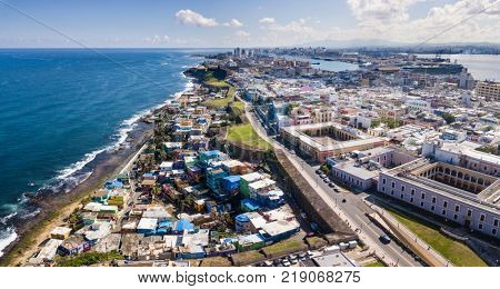 Aerial view of old San Juan, Puerto Rico and La Perla slum.
