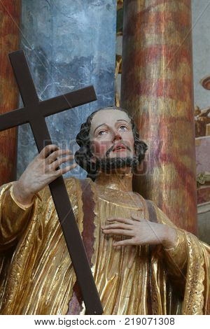 BELEC, CROATIA - NOVEMBER 17: Saint John of Nepomuk statue on the altar in the Baroque Church of Our Lady of the Snow in Belec, Croatia on November 17, 2011.
