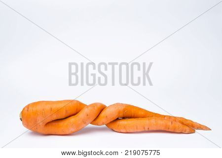 carrots of unusual shape lies on a white background