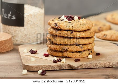 Home Baked Oatmeal Cookies With White Chocolate And Cranberries