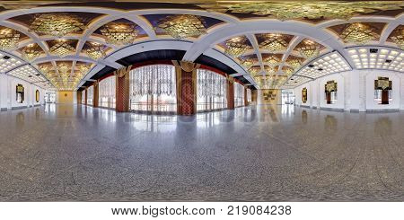 MINSK BELARUS - JULY 28 2016: Panorama in interior of a huge empty banquet hall. Full 360 by 180 degree seamless spherical panorama in equirectangular equidistant projection
