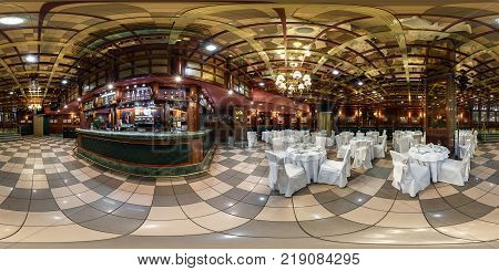 MINSK BELARUS - AUGUST 4 2016: Panorama in interior modern cafe night club. Full 360 by 180 degree seamless equirectangular equidistant spherical panorama. Skybox vr ar content