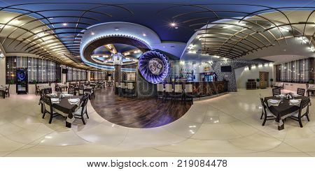 GRODNO BELARUS - APRIL 25 2013: Full 360 panorama in equirectangular spherical projection in stylish pizza cafe Turan in industrial style.