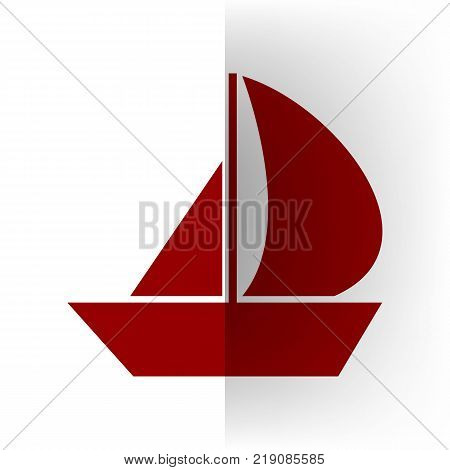 Sail Boat sign. Vector. Bordo icon on white bending paper background.