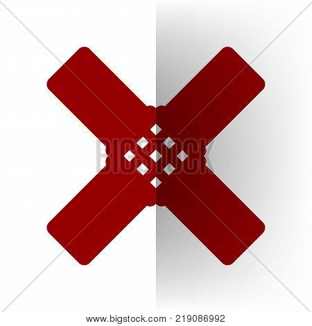 Aid sticker sign. Vector. Bordo icon on white bending paper background.