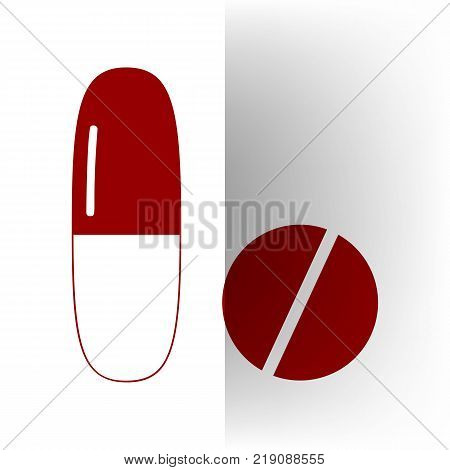 Medical pills sign. Vector. Bordo icon on white bending paper background.