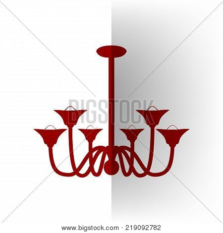 Chandelier simple sign. Vector. Bordo icon on white bending paper background.