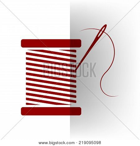 Thread with needle sign illustration. Vector. Bordo icon on white bending paper background.