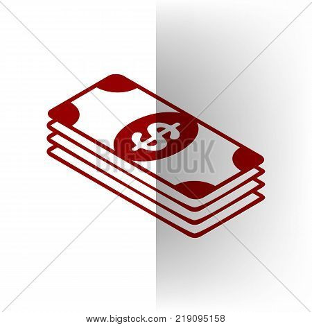 Bank Note dollar sign. Vector. Bordo icon on white bending paper background.
