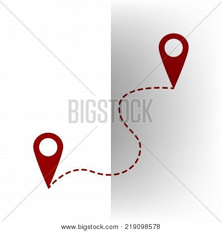 Location pin navigation map, gps sign. Vector. Bordo icon on white bending paper background.