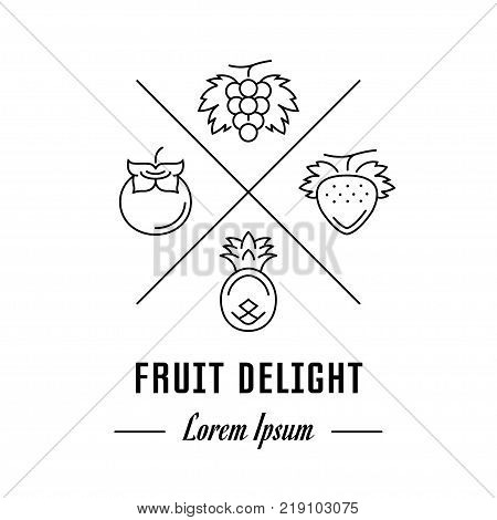 Vector logo fruit delight. Hipster emblem label or banner for fruit delight. Line sign with elements. Concept brand.