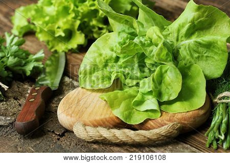 Raw green organic butter lettuce ready to chop on cutting board with knife .