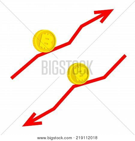 Falling and growing bitcoin concept - two vector images isolated on white background. Gold coin with currency sign moving along red line with arrow. Cartoon financial graph.