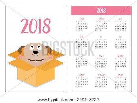 Pocket calendar 2018 year. Week starts Sunday. Black cat head face in the pocket holding hands. Funny Baby card. Cute cartoon character Kitten Pet collection. Flat design. White background. Vector