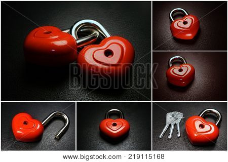 Romantic love background. Red  padlock on a black background. Photocollage.