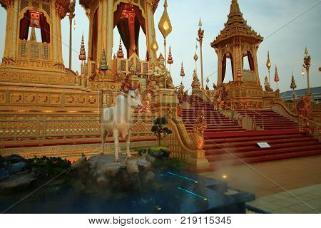 Demi-god and heaven animal decoration in front of King Rama IX Crematorium pyre site. Bangkok Thailand