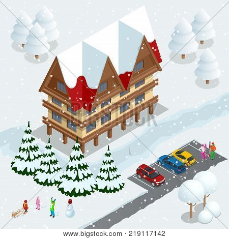 Ski resort, slope, people on the ski lift, skiers on the piste among white snow pine trees and hotel. Winter holiday web banner design. Vector isometric illustration