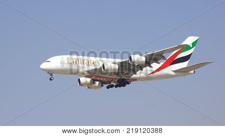 Dubai UAE March 9, 2017: Airbus A380 from Emirates landing at Dubai Airport.