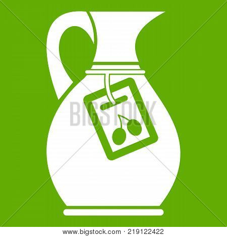 Jug with olive oil icon white isolated on green background. Vector illustration