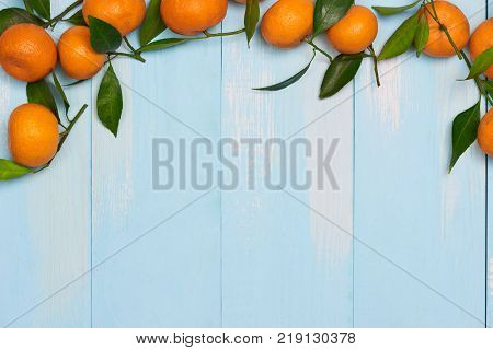 Top View Accessories Chinese New Year Festival Decorations.orange,leaf On Blue Background