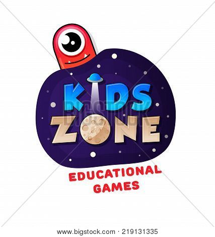 Kids Zone banner in cartoon style with a good jelly monster and ufo. for children's playroom decoration Children Playground. Vector illustration.