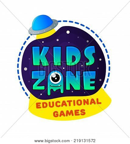 Kids Zone banner in cartoon style with UFO and kindly jelly monster. for children's playroom decoration Children Playground. Vector illustration.