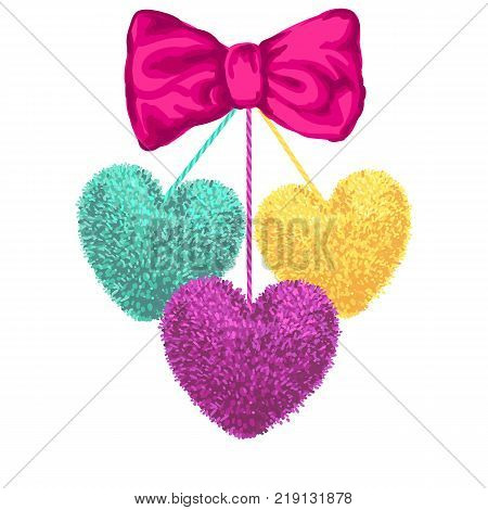 Vector colorful illustration of decortive elements with pom-poms in the shape of a heart hanging on the ropes with bow isolated on white background. Decor for Valentines day design.
