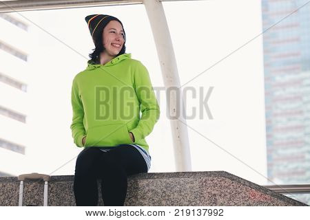 Portrait beautiful young girl russian enjoying smell traval in winter bangkok city thailand