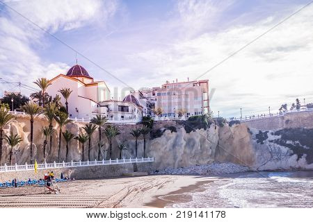 Benidorm, Spain, December 14, 2017: Cala Mas Pas Beach in Benidorm, Alicante, Spain