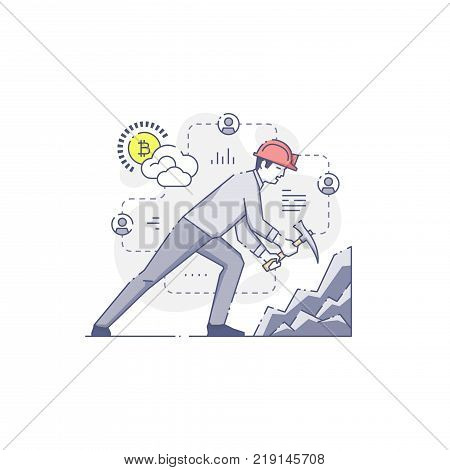 Young man in helmet working with pickaxe mining bitcoins in an ore. Flat line bitcoin mining illustration for infographics in blue tone isolated on white background