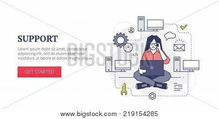 Flat line banner design template of technical support, computer network and system administration processes. Vector modern blue line illustration with text sample and button