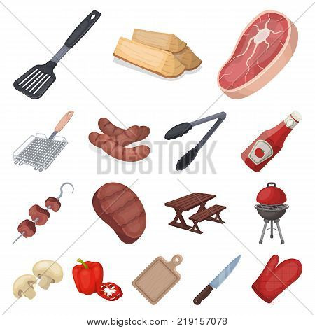 Barbecue and equipment cartoon icons in set collection for design. Picnic and fried food vector symbol stock  illustration.