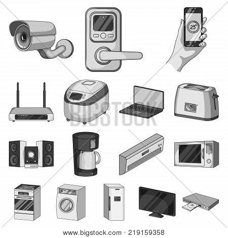 Smart home appliances monochrome icons in set collection for design. Modern household appliances vector symbol stock illustration.
