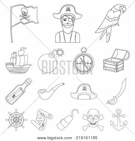 Pirate, sea robber outline icons in set collection for design. Treasures, attributes vector symbol stock  illustration.