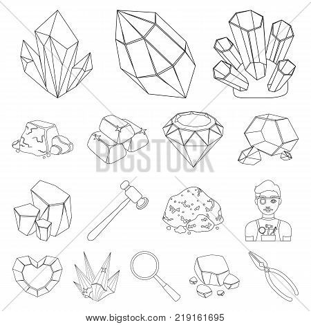 Precious Minerals outline icons in set collection for design. Jeweler and Equipment vector symbol stock  illustration.