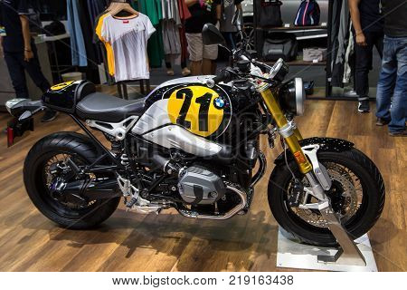 Bangkok Thailand - December 11 2017: BMW R Nine T Scrambler Motorcycle presented in Motor Expo 2017