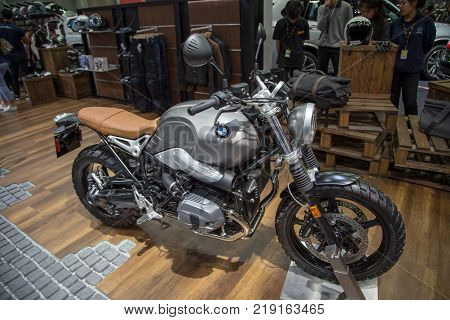 Bangkok Thailand - December 11 2017: BMW R Nine T Scrambler Motorcycle presented in Motor Expo 2017