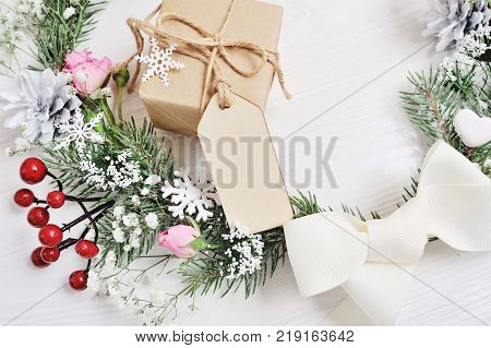 Mockup christmas gift tag in rustic style with place for your text.