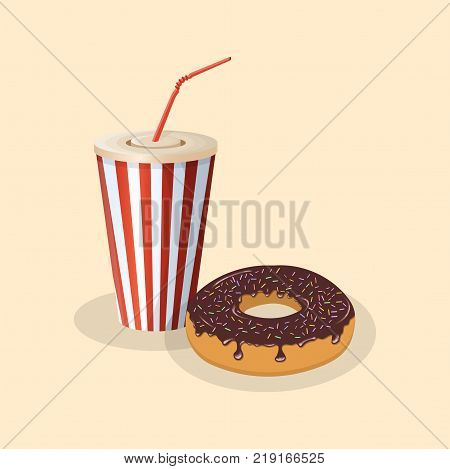 Soda cup and donut with chocolate icing and sprinkles - cute cartoon colored picture. Graphic design elements for menu, poster, brochure. Vector illustration for bistro, snackbar, cafe or restaurant