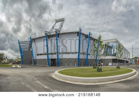 HELSINGBORG SWEDEN - JULY 18 2016: A panoramic stich of the newly refurbished Olympia football stadium which is home to Helsingborg IF.