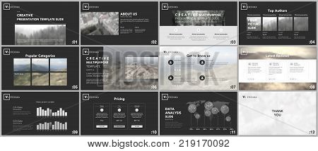 Clean, minimal presentation templates. Simple elements on black background for your portfolio template. Brochure cover vector design. Presentation slides for flyer, leaflet, brochure, report, advertising.