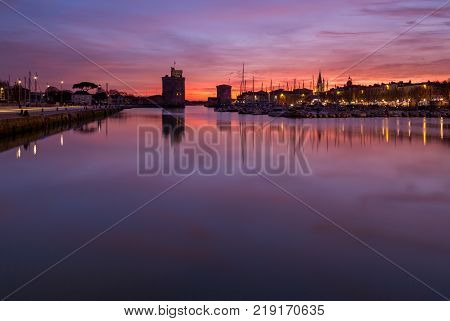 Harbor by night with beautiful sunset in La Rochelle Town