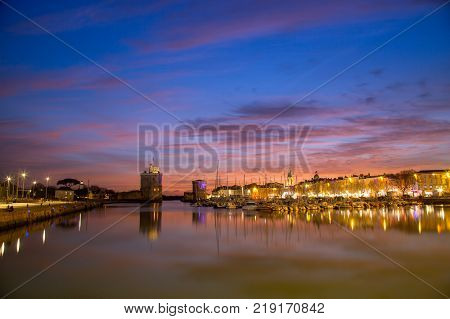 Harbor by night with beautiful sunset in La Rochelle Town