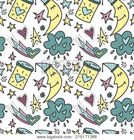 Vector seamless pattern moon, stars and hearts. Happy Valentines day illustration. Good night card.
