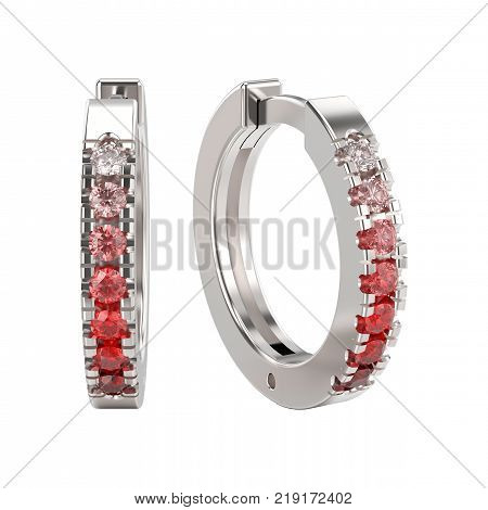 3D illustration isolated white gold or silver decorative earrings hinged lock with red gradient diamonds on a white background