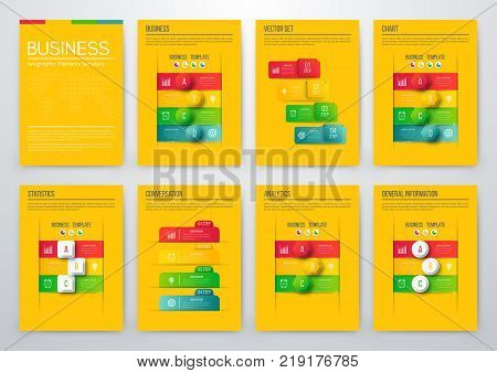 Set with infographics. Data and information visualization. Template. Stock vector. Dynamic infographics stylish geometric. element for design business invitations, gift cards, flyers and brochures