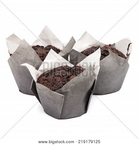 Closeup of a Magdalena Typical Spanish Chocolate Muffin. Sweet Food or Dessert. Three Fresh Baked Muffin Isolated on White Background in American Style. Irresistible Tasty Cake.