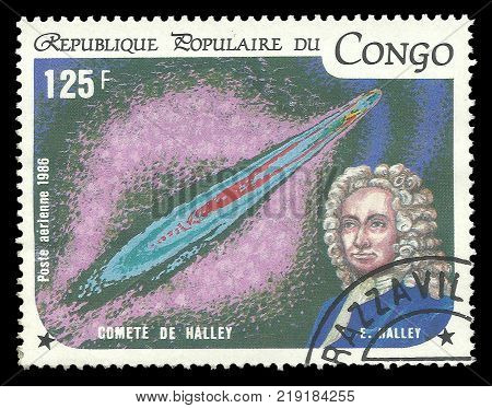 Congo - CIRCA 1986: Stamp printed by Congo Color memorable Air mail edition offset printing devoted Halley's Comet shows Edmond Halley 1656-1742 and picture of Space